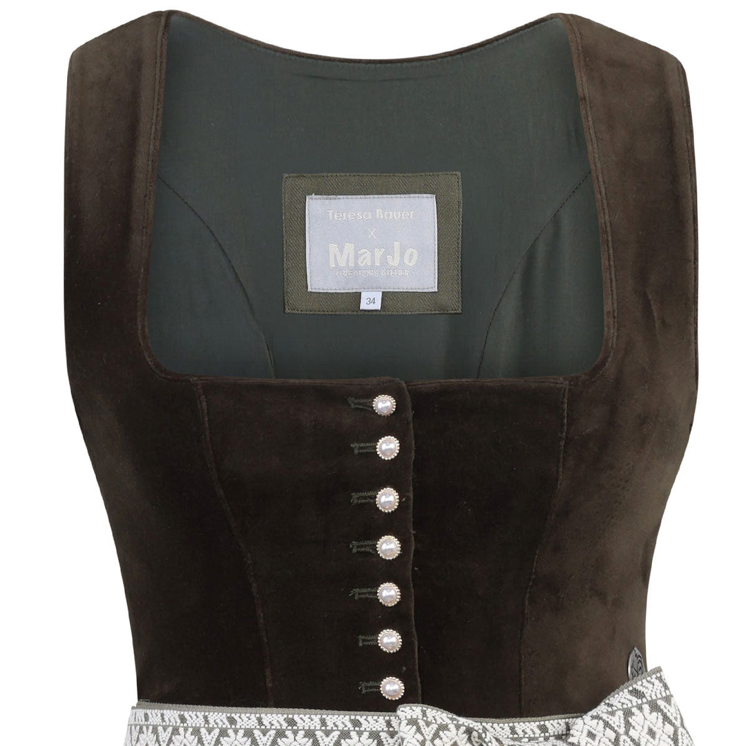 Damen Dirndl Moosgrün | Midi Samtdirndl mit Perlenknöpfen, Fischgrät-Schürze und 70 cm Rocklänge