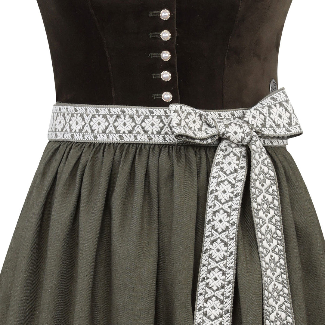 Damen Dirndl Moosgrün | Midi Samtdirndl mit Perlenknöpfen, Fischgrät-Schürze und 70 cm Rocklänge