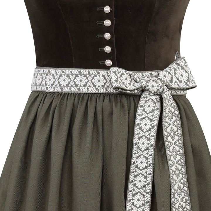 Damen Dirndl Moosgrün | Midi Samtdirndl mit Perlenknöpfen, Fischgrät-Schürze und 70 cm Rocklänge
