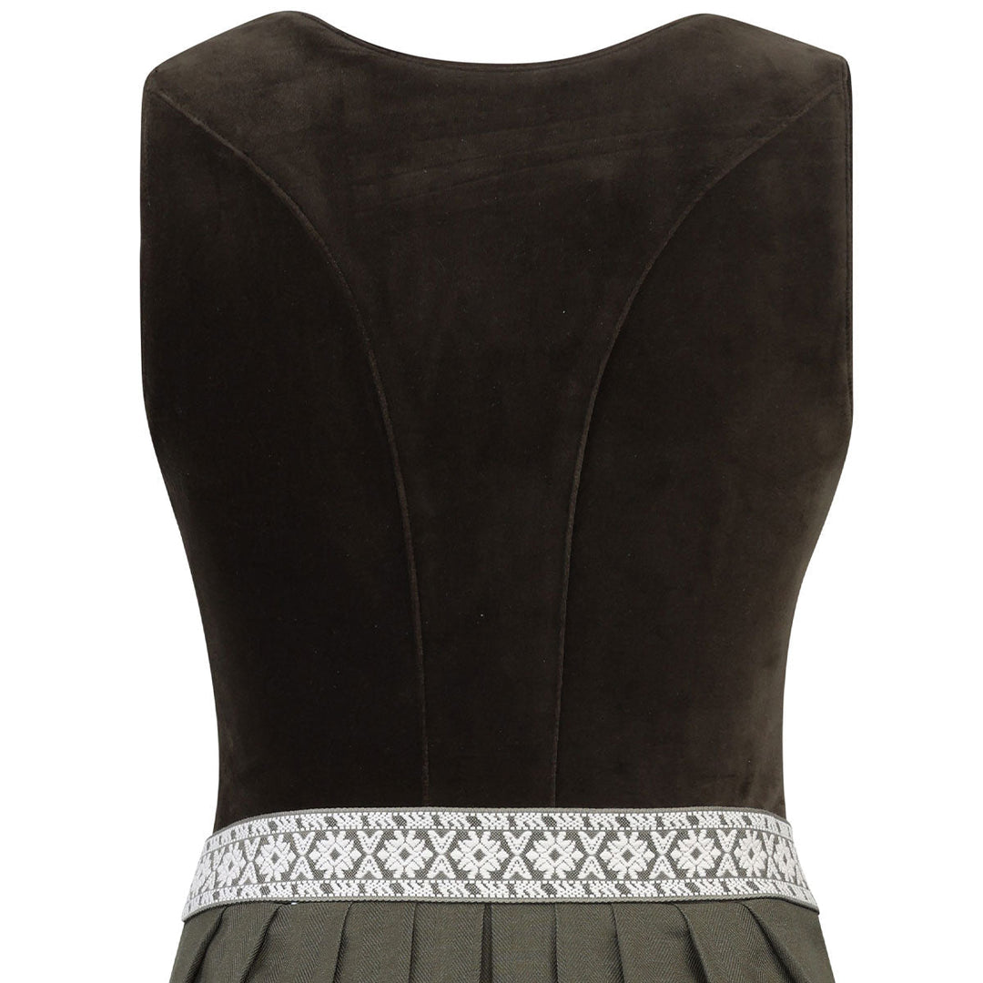 Damen Dirndl Moosgrün | Midi Samtdirndl mit Perlenknöpfen, Fischgrät-Schürze und 70 cm Rocklänge