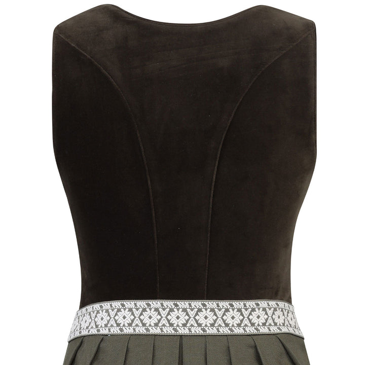 Damen Dirndl Moosgrün | Midi Samtdirndl mit Perlenknöpfen, Fischgrät-Schürze und 70 cm Rocklänge
