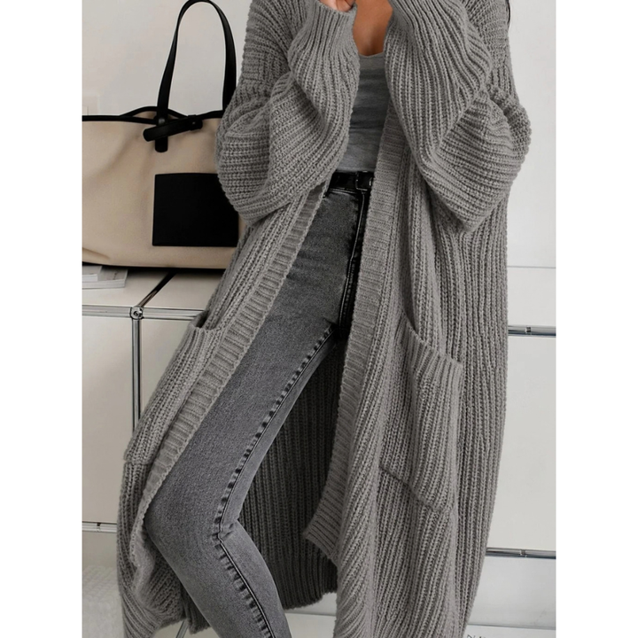 Damen Strickjacke lang mit Taschen | Offener Long Cardigan mit strukturierter Strickoptik, langen Ärmeln und lässiger Passform