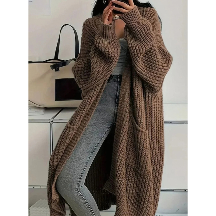 Damen Strickjacke lang mit Taschen | Offener Long Cardigan mit strukturierter Strickoptik, langen Ärmeln und lässiger Passform