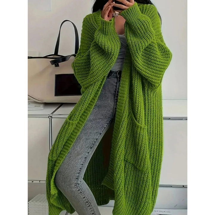 Damen Strickjacke lang mit Taschen | Offener Long Cardigan mit strukturierter Strickoptik, langen Ärmeln und lässiger Passform