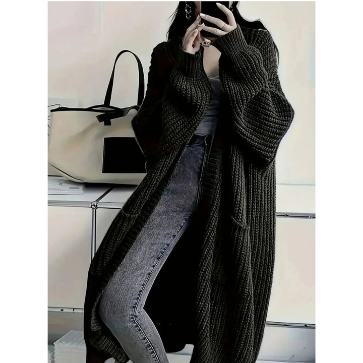 Damen Strickjacke lang mit Taschen | Offener Long Cardigan mit strukturierter Strickoptik, langen Ärmeln und lässiger Passform