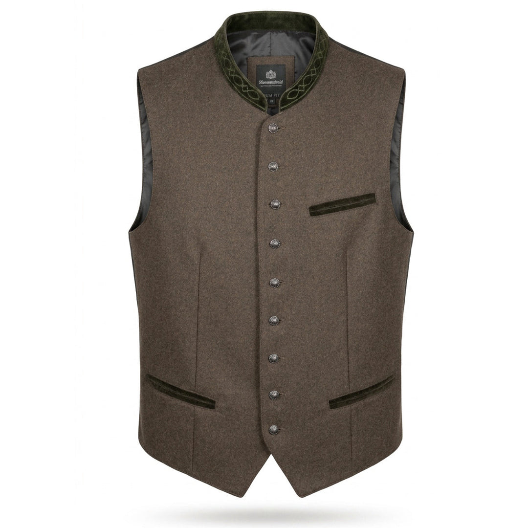Herren Trachtenweste Oliv | Slim Fit Weste mit Stehkragen, Stickerei, Taschen und verstellbarem Rückenriegel