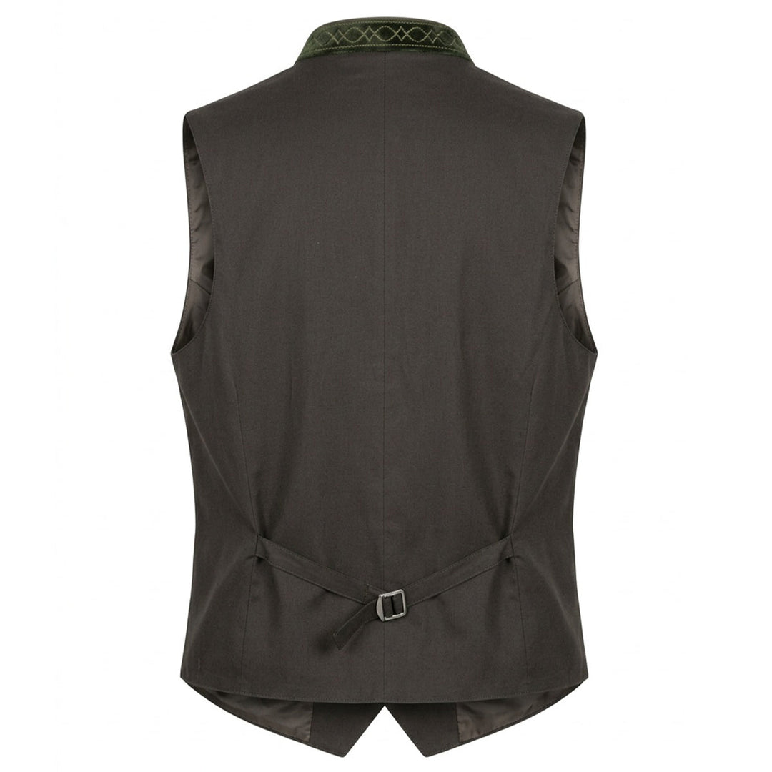 Herren Trachtenweste Oliv | Slim Fit Weste mit Stehkragen, Stickerei, Taschen und verstellbarem Rückenriegel