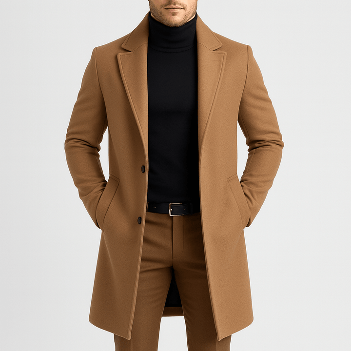 Herren Wollmantel mit Reverskragen | Klassischer langer Mantel mit Zwei-Knopf-Verschluss und seitlichen Eingrifftaschen für Business und Alltag