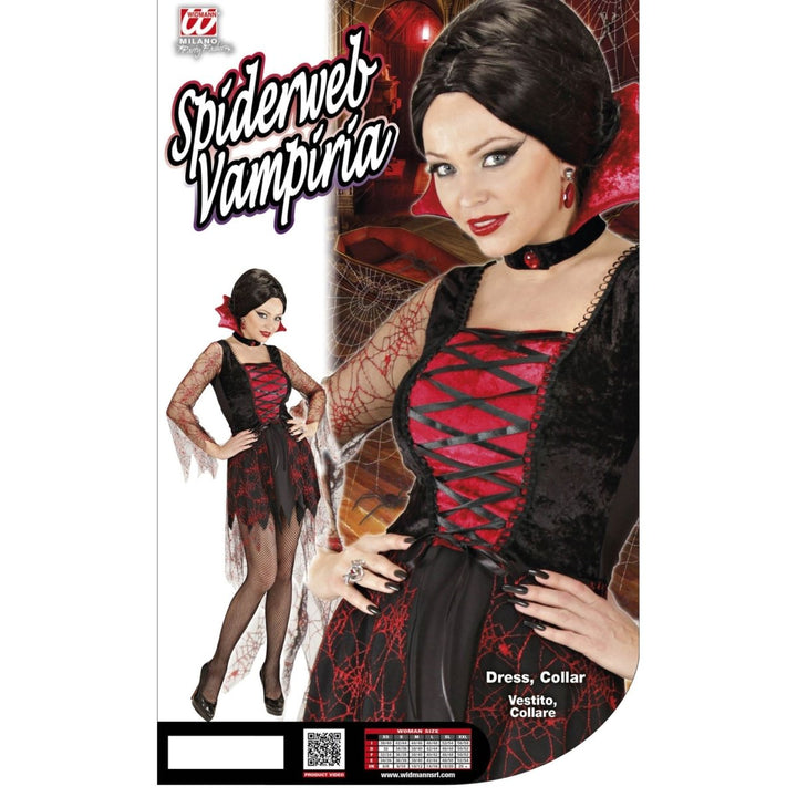 Vampir Kostüm Damen | Rot-schwarzes Halloween-Kostüm mit Spinnennetz-Look, Kleid und Kragen für Halloween-Partys