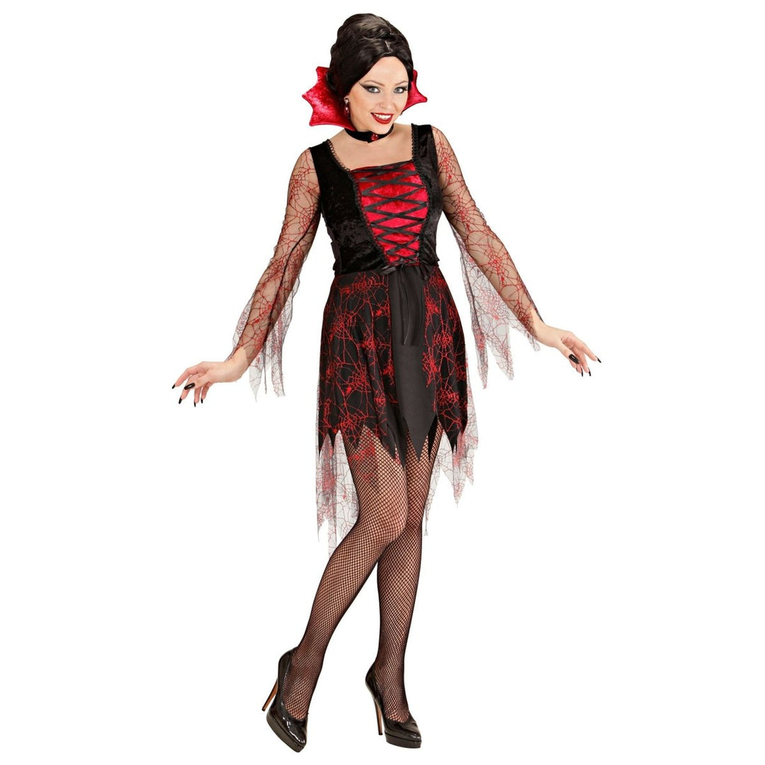 Vampir Kostüm Damen | Rot-schwarzes Halloween-Kostüm mit Spinnennetz-Look, Kleid und Kragen für Halloween-Partys