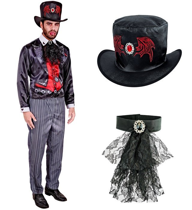 Vampir Kostüm Herren 4-teilig | Schwarz-rotes Halloween-Kostüm mit Jacke, Hose, Hut und Jabot für Erwachsene