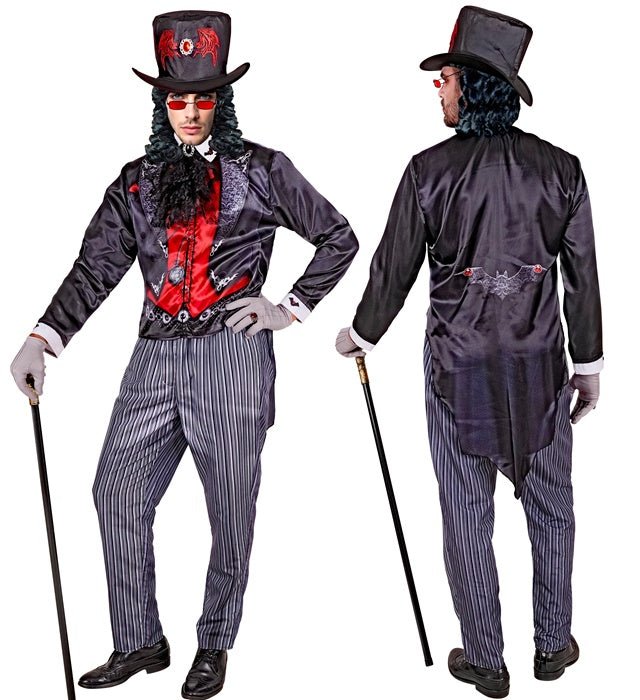 Vampir Kostüm Herren 4-teilig | Schwarz-rotes Halloween-Kostüm mit Jacke, Hose, Hut und Jabot für Erwachsene