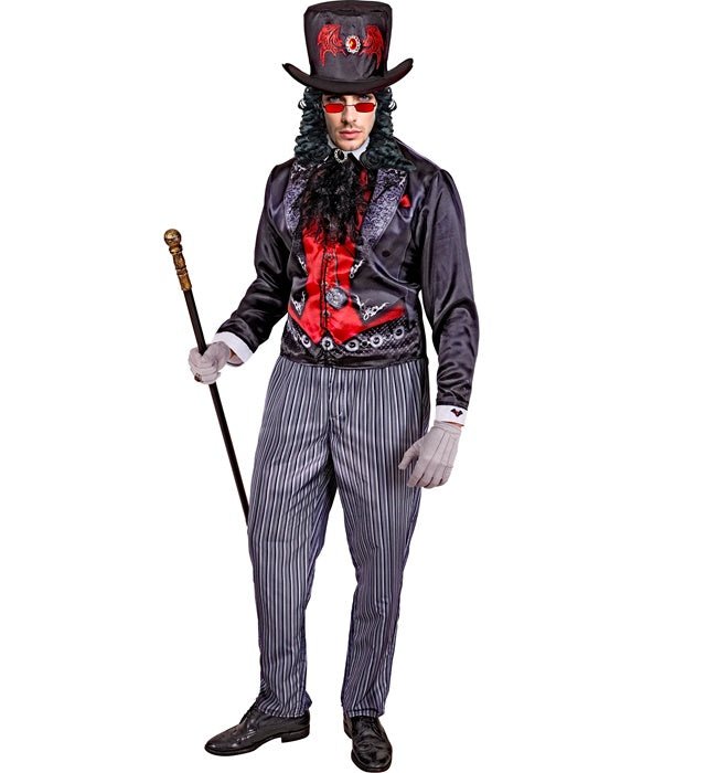 Vampir Kostüm Herren 4-teilig | Schwarz-rotes Halloween-Kostüm mit Jacke, Hose, Hut und Jabot für Erwachsene