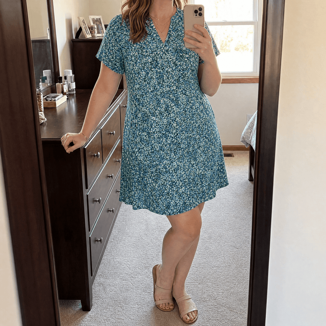 Damen Kleid mit V-Ausschnitt &amp; Blumenmuster | A-Linie mit Taschen | Knielang, weich fallend, Büro &amp; Kirche
