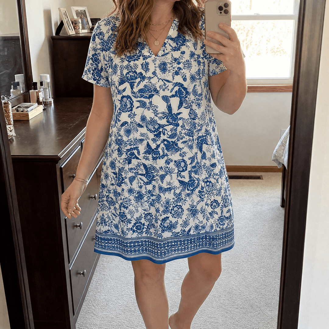 Damen Kleid mit V-Ausschnitt &amp; Blumenmuster | A-Linie mit Taschen | Knielang, weich fallend, Büro &amp; Kirche