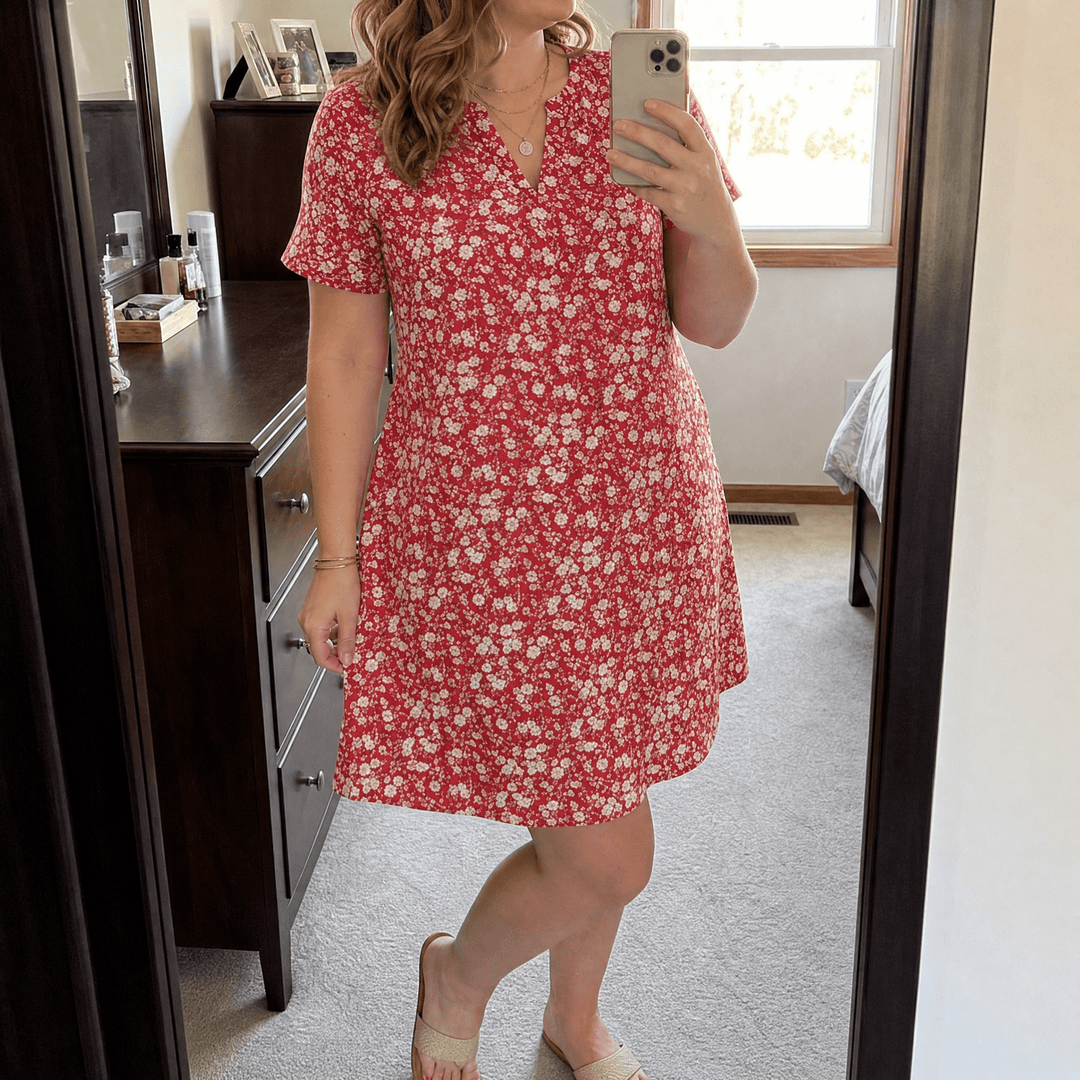 Damen Kleid mit V-Ausschnitt &amp; Blumenmuster | A-Linie mit Taschen | Knielang, weich fallend, Büro &amp; Kirche