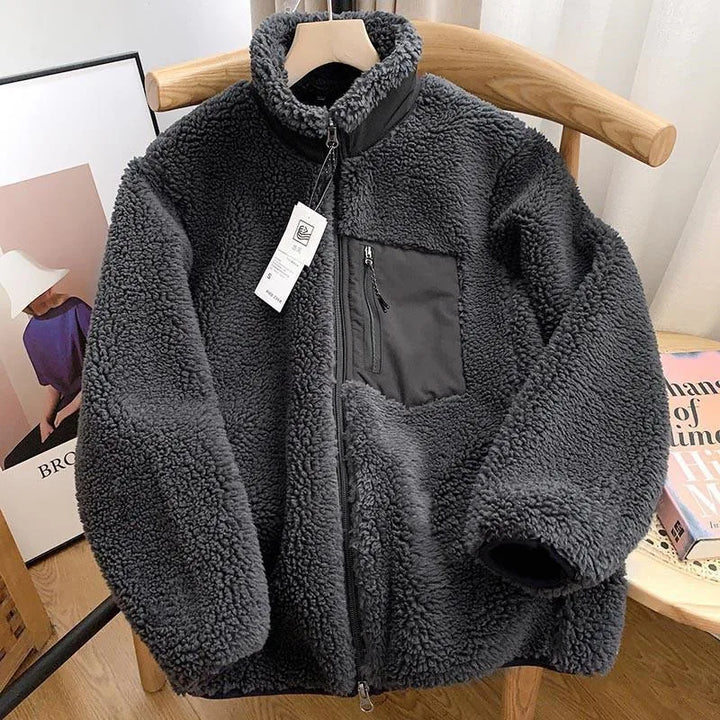 Damen Teddyjacke Oversize mit Stehkragen | Warme Jacke in Teddy-Optik mit Reißverschluss und Vordertasche für Winter und Freizeit