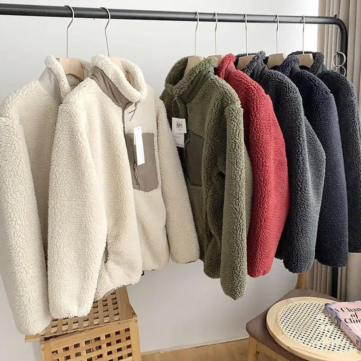 Damen Teddyjacke Oversize mit Stehkragen | Warme Jacke in Teddy-Optik mit Reißverschluss und Vordertasche für Winter und Freizeit