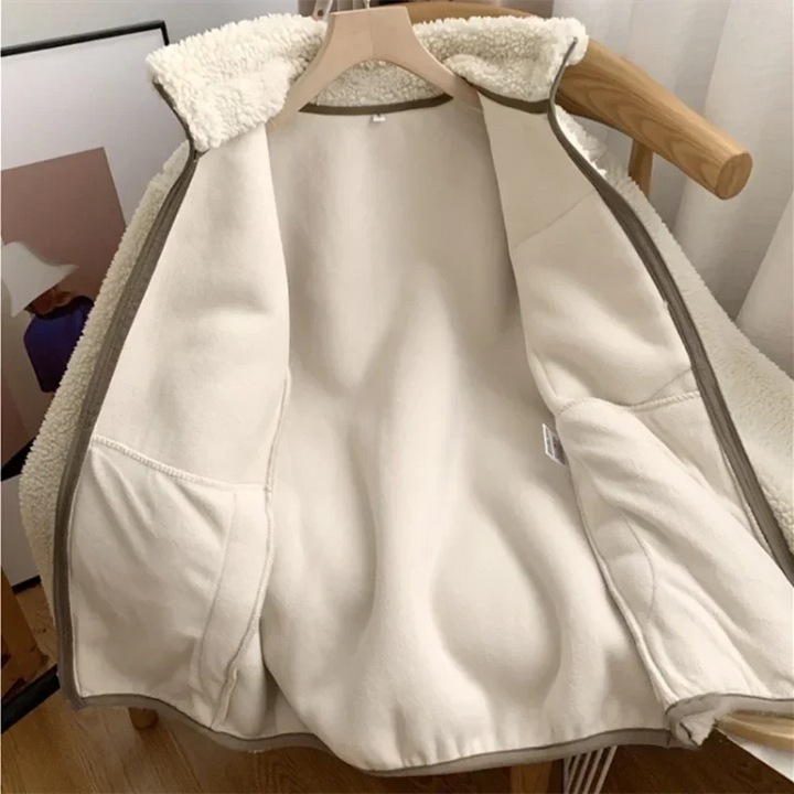 Damen Teddyjacke Oversize mit Stehkragen | Warme Jacke in Teddy-Optik mit Reißverschluss und Vordertasche für Winter und Freizeit