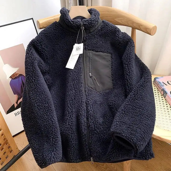 Damen Teddyjacke Oversize mit Stehkragen | Warme Jacke in Teddy-Optik mit Reißverschluss und Vordertasche für Winter und Freizeit