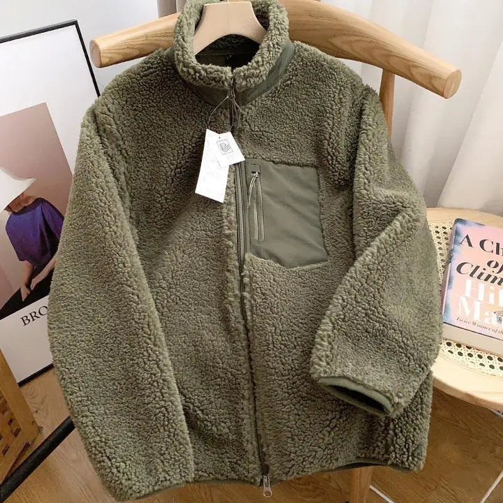 Damen Teddyjacke Oversize mit Stehkragen | Warme Jacke in Teddy-Optik mit Reißverschluss und Vordertasche für Winter und Freizeit