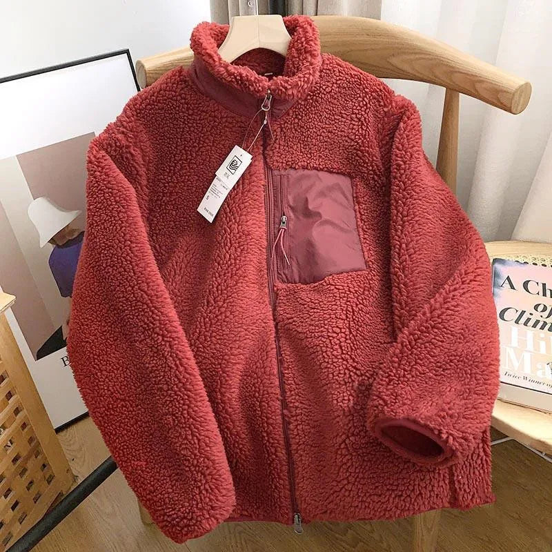 Damen Teddyjacke Oversize mit Stehkragen | Warme Jacke in Teddy-Optik mit Reißverschluss und Vordertasche für Winter und Freizeit