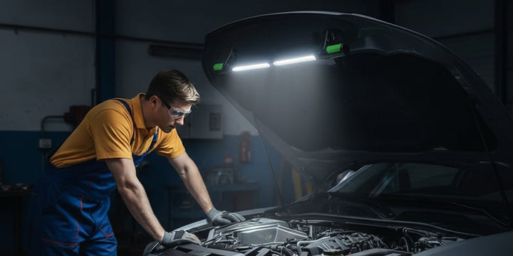 Magnetische LED Arbeitsleuchte | Wiederaufladbare Dual-Light Inspektionslampe mit Magnetfuß | Werkstattleuchte für Auto, Garage &amp; Werkstatt