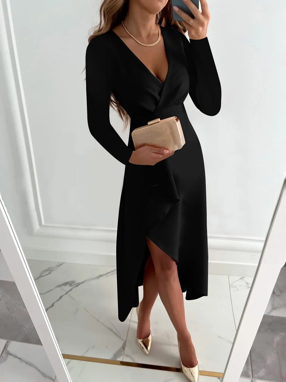 Elegante abito da donna con scollo a V e taglio asimmetrico | Vestibilità lusinghiera, versatile e comodo | Perfetto per ufficio, cene e tempo libero