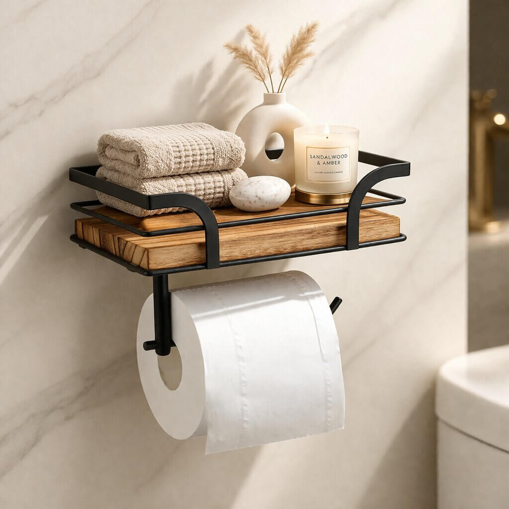Wandregal Badezimmer mit Toilettenpapierhalter | Metall &amp; Naturholz | 20,32 cm | Wandmontage | Für Bad &amp; WC