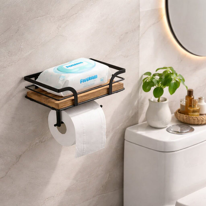 Wandregal Badezimmer mit Toilettenpapierhalter | Metall &amp; Naturholz | 20,32 cm | Wandmontage | Für Bad &amp; WC