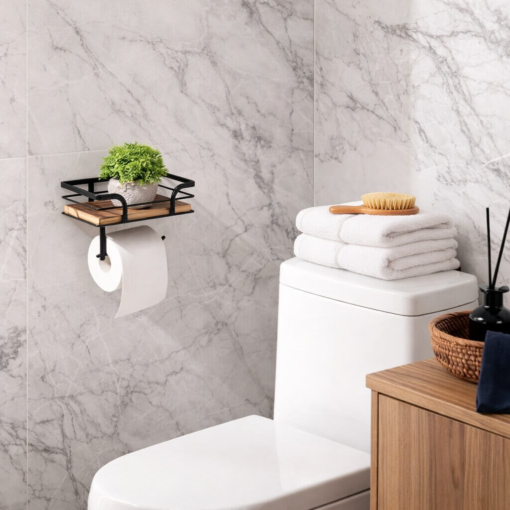 Wandregal Badezimmer mit Toilettenpapierhalter | Metall &amp; Naturholz | 20,32 cm | Wandmontage | Für Bad &amp; WC