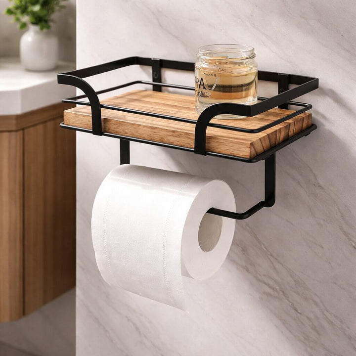 Wandregal Badezimmer mit Toilettenpapierhalter | Metall &amp; Naturholz | 20,32 cm | Wandmontage | Für Bad &amp; WC