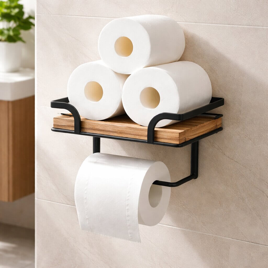 Wandregal Badezimmer mit Toilettenpapierhalter | Metall &amp; Naturholz | 20,32 cm | Wandmontage | Für Bad &amp; WC