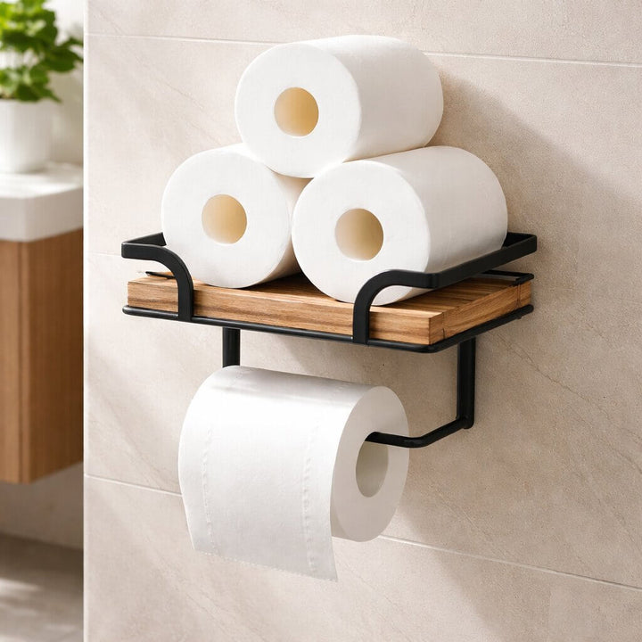 Wandregal Badezimmer mit Toilettenpapierhalter | Metall &amp; Naturholz | 20,32 cm | Wandmontage | Für Bad &amp; WC