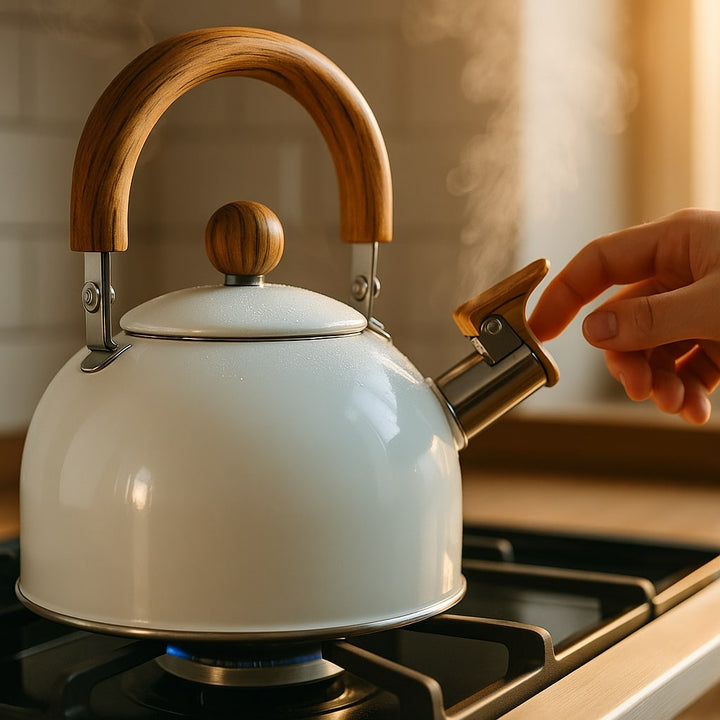 Wasserkessel 3 Liter für Induktion | Edelstahl-Flötenkessel im Retro-Design mit Pfeifton und klappbarem Griff