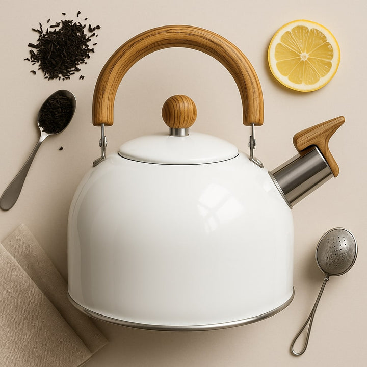 Wasserkessel 3 Liter für Induktion | Edelstahl-Flötenkessel im Retro-Design mit Pfeifton und klappbarem Griff