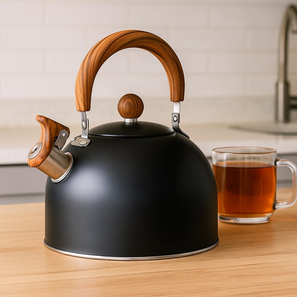Wasserkessel 3 Liter für Induktion | Edelstahl-Flötenkessel im Retro-Design mit Pfeifton und klappbarem Griff