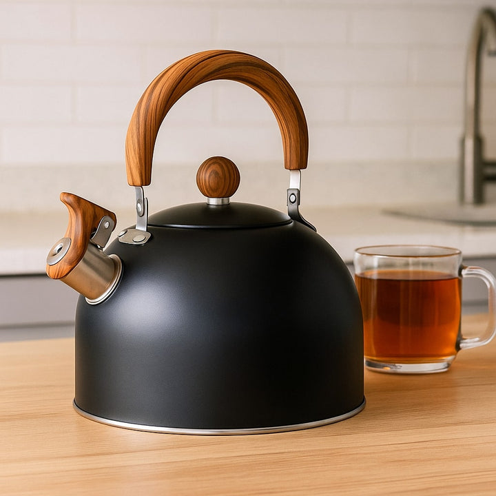 Wasserkessel 3 Liter für Induktion | Edelstahl-Flötenkessel im Retro-Design mit Pfeifton und klappbarem Griff