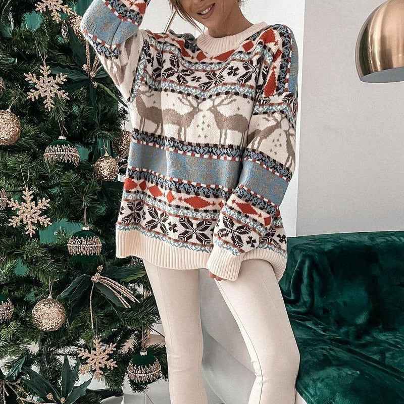 Damen Weihnachtspullover mit Strickmuster | Weicher Winterpullover mit Rundhalsausschnitt, lockerer Passform und Rippbündchen