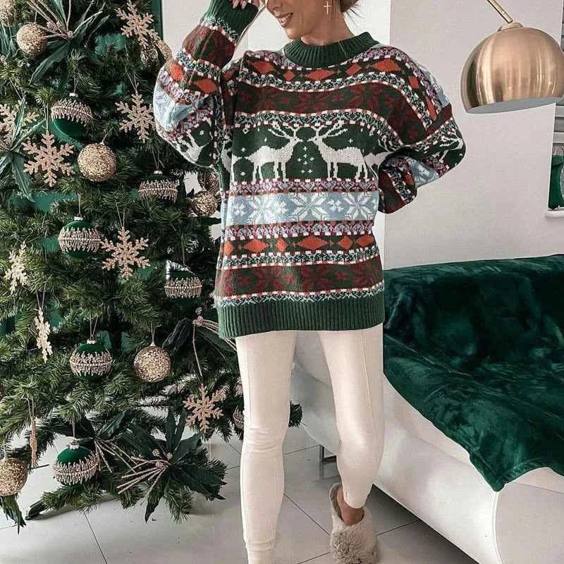 Damen Weihnachtspullover mit Strickmuster | Weicher Winterpullover mit Rundhalsausschnitt, lockerer Passform und Rippbündchen