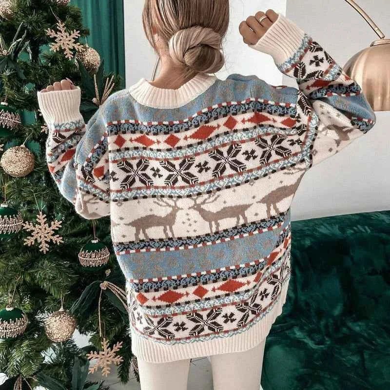 Damen Weihnachtspullover mit Strickmuster | Weicher Winterpullover mit Rundhalsausschnitt, lockerer Passform und Rippbündchen