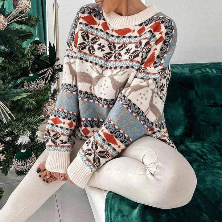 Damen Weihnachtspullover mit Strickmuster | Weicher Winterpullover mit Rundhalsausschnitt, lockerer Passform und Rippbündchen