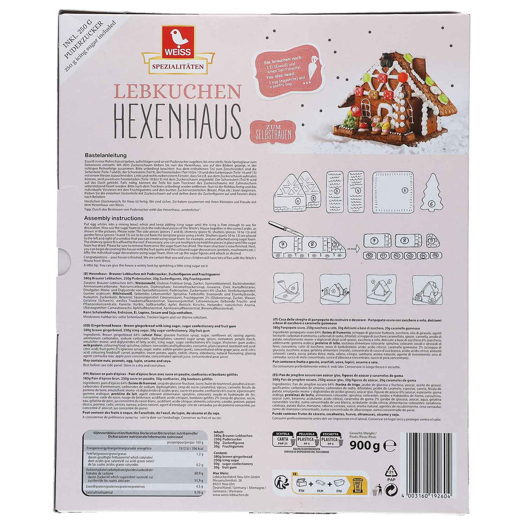 Lebkuchen Hexenhaus 900 g | Würziges Lebkuchenhaus zum Naschen und Dekorieren | Weihnachtliche Geschenkidee für die ganze Familie