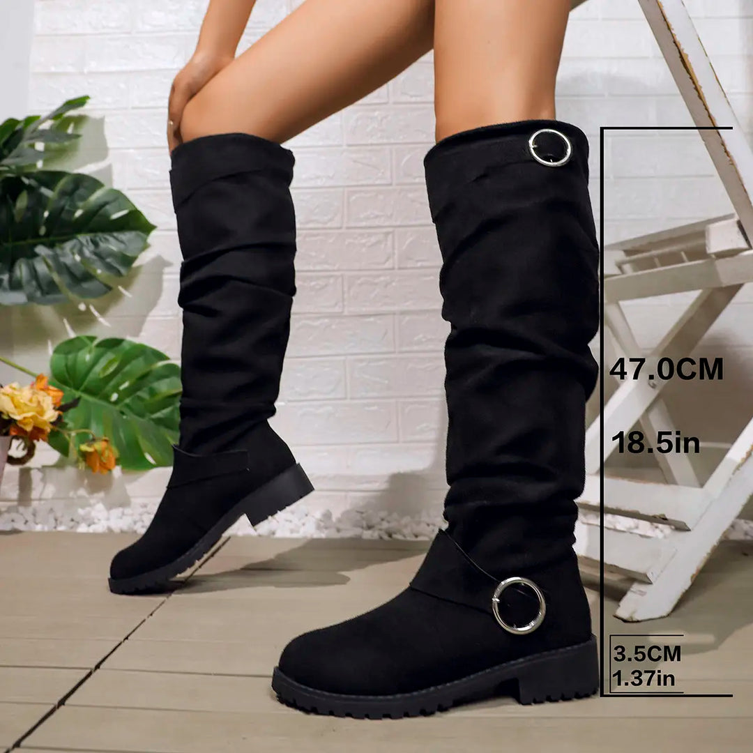 Slouchy Stiefel Damen | Kniehohe Boots mit Blockabsatz, zwei Schnallen und weitem, gerafftem Schaft