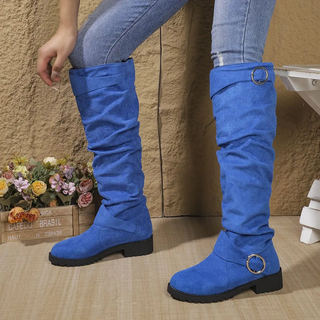 Slouchy Stiefel Damen | Kniehohe Boots mit Blockabsatz, zwei Schnallen und weitem, gerafftem Schaft