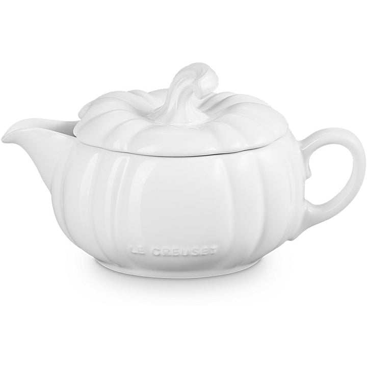 Sauciere aus Steinzeug 400 ml | Le Creuset Kürbisdesign in Weiß mit Deckel | Tropffreier Ausgießer und ergonomischer Griff