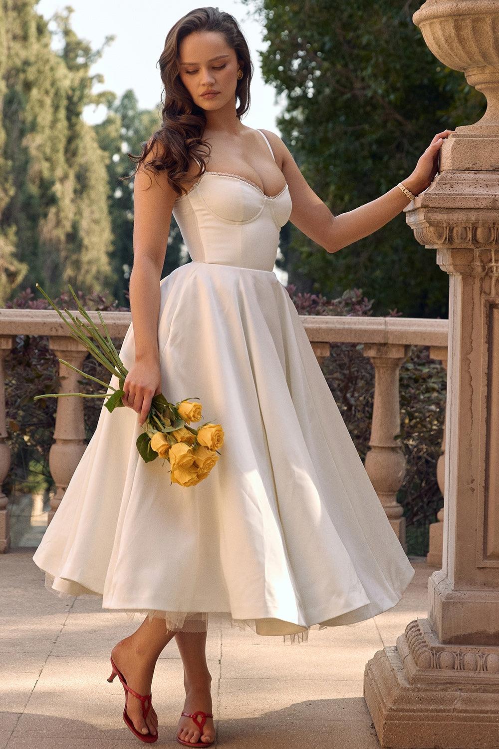 Damen Tüllkleid Elegant &amp; Feminin | Midikleid mit Verstellbaren Trägern | Romantisches Abendkleid für Hochzeiten &amp; Partys