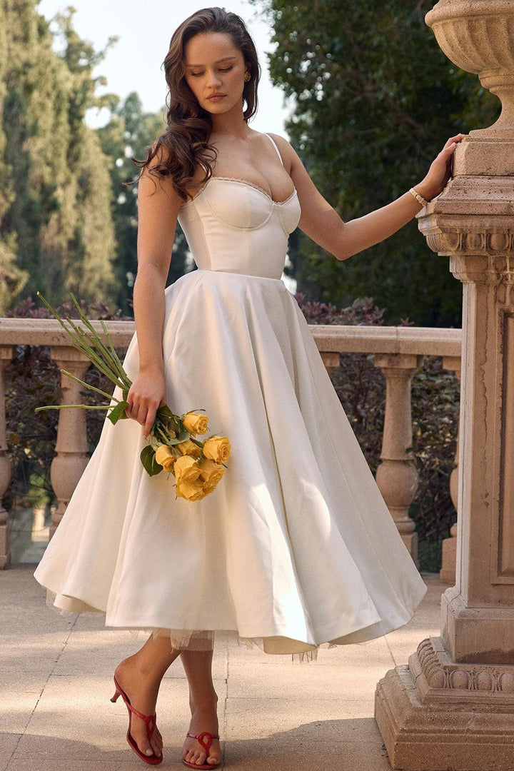 Damen Tüllkleid Elegant &amp; Feminin | Midikleid mit Verstellbaren Trägern | Romantisches Abendkleid für Hochzeiten &amp; Partys