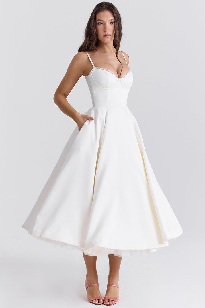 Damen Tüllkleid Elegant &amp; Feminin | Midikleid mit Verstellbaren Trägern | Romantisches Abendkleid für Hochzeiten &amp; Partys