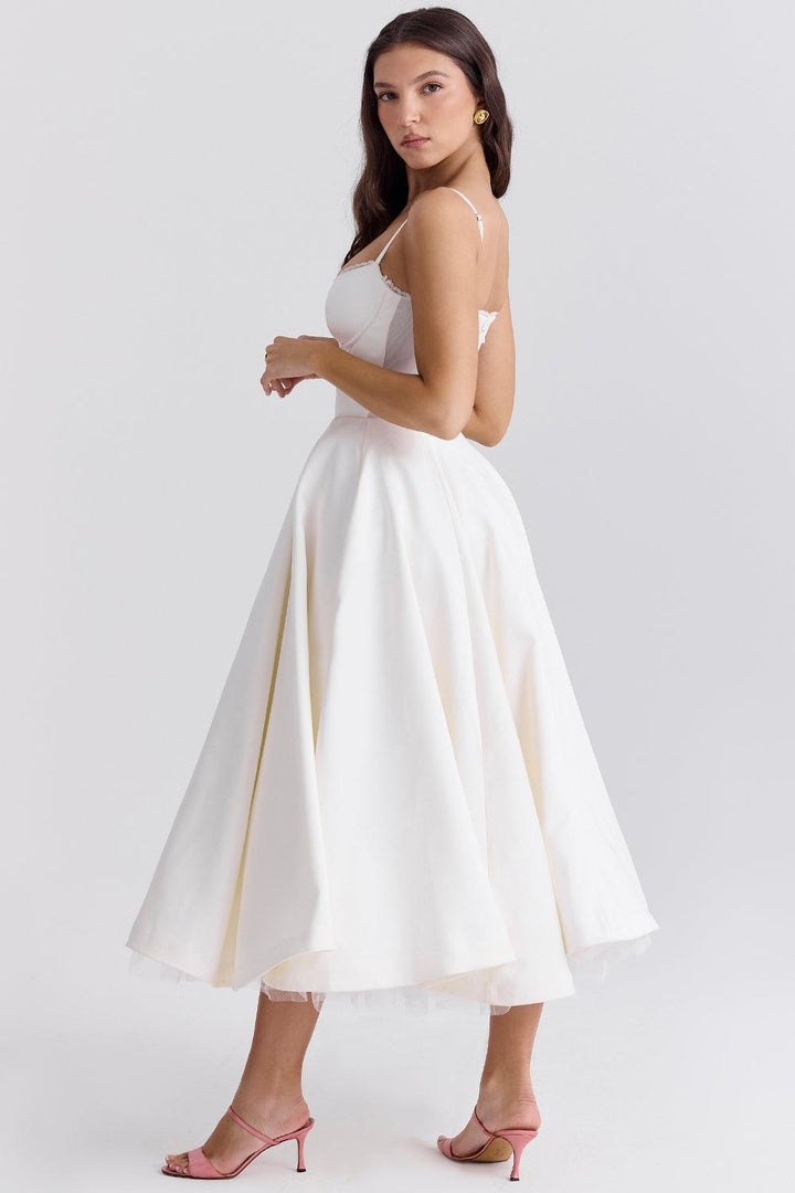 Damen Tüllkleid Elegant &amp; Feminin | Midikleid mit Verstellbaren Trägern | Romantisches Abendkleid für Hochzeiten &amp; Partys
